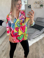 MULTICOLOR HEART PRINT BUTTON SHIRT