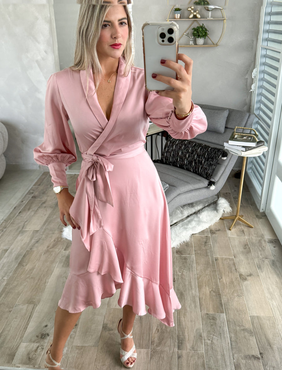 BLUSH SATIN WRAP AROUND DRESS