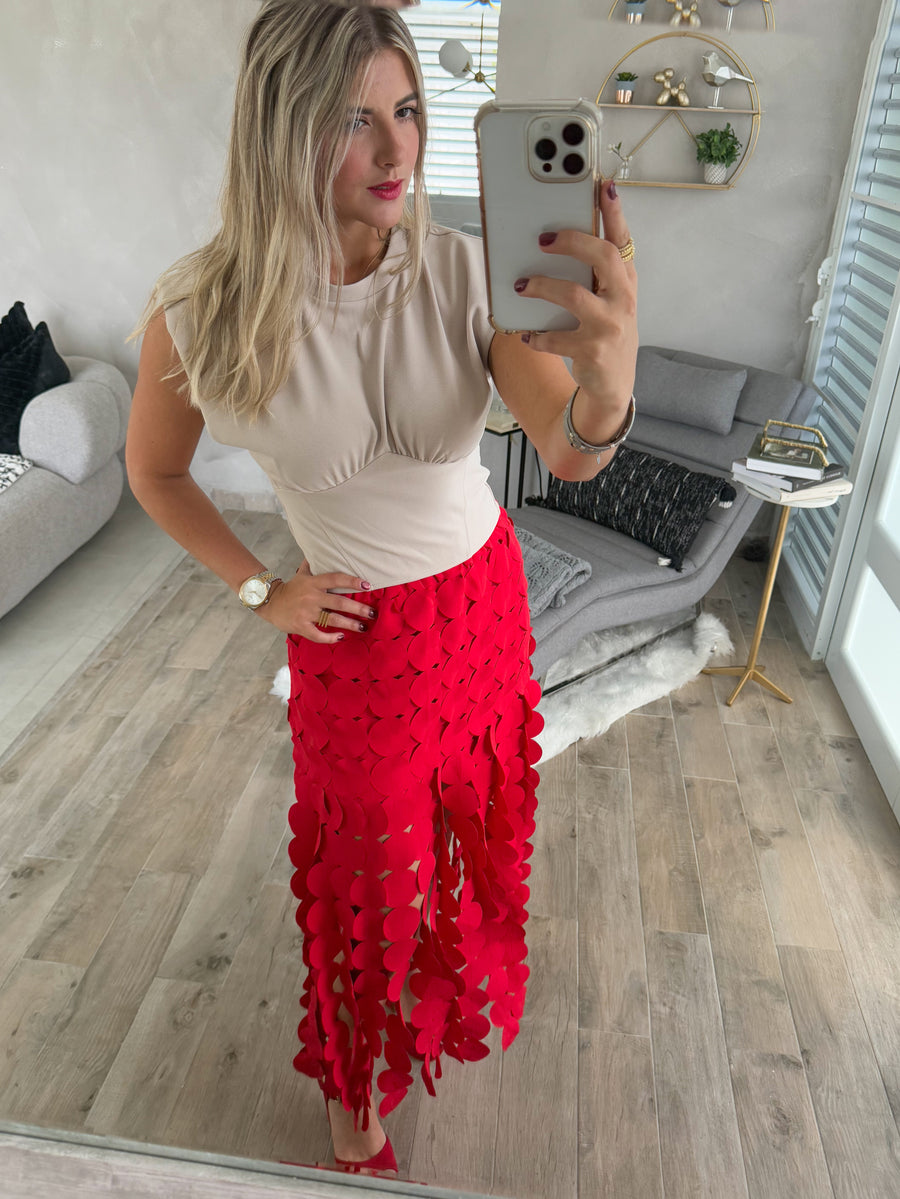 RED FRINGE MIDI SKIRT