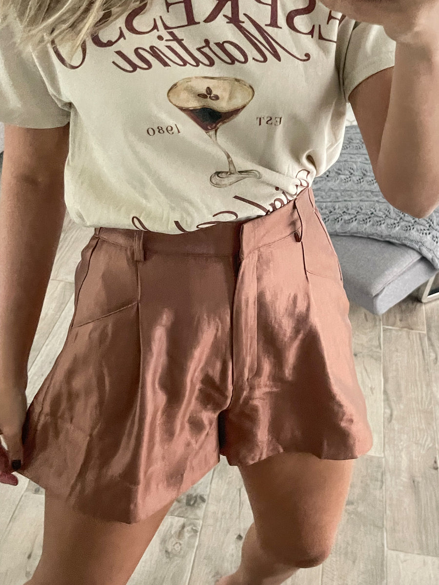 BROWN SATIN HIGH WAISTED SHORTS