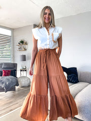 WHITE/CAMEL BUTTONED BLOUSE