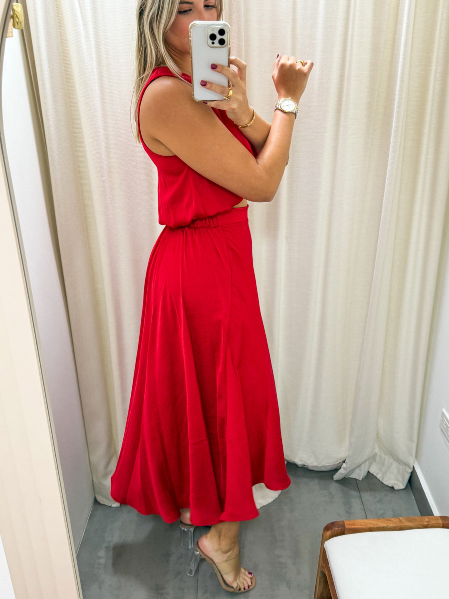 RED SILKY HIGH LOW SKIRT