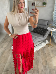 RED FRINGE MIDI SKIRT