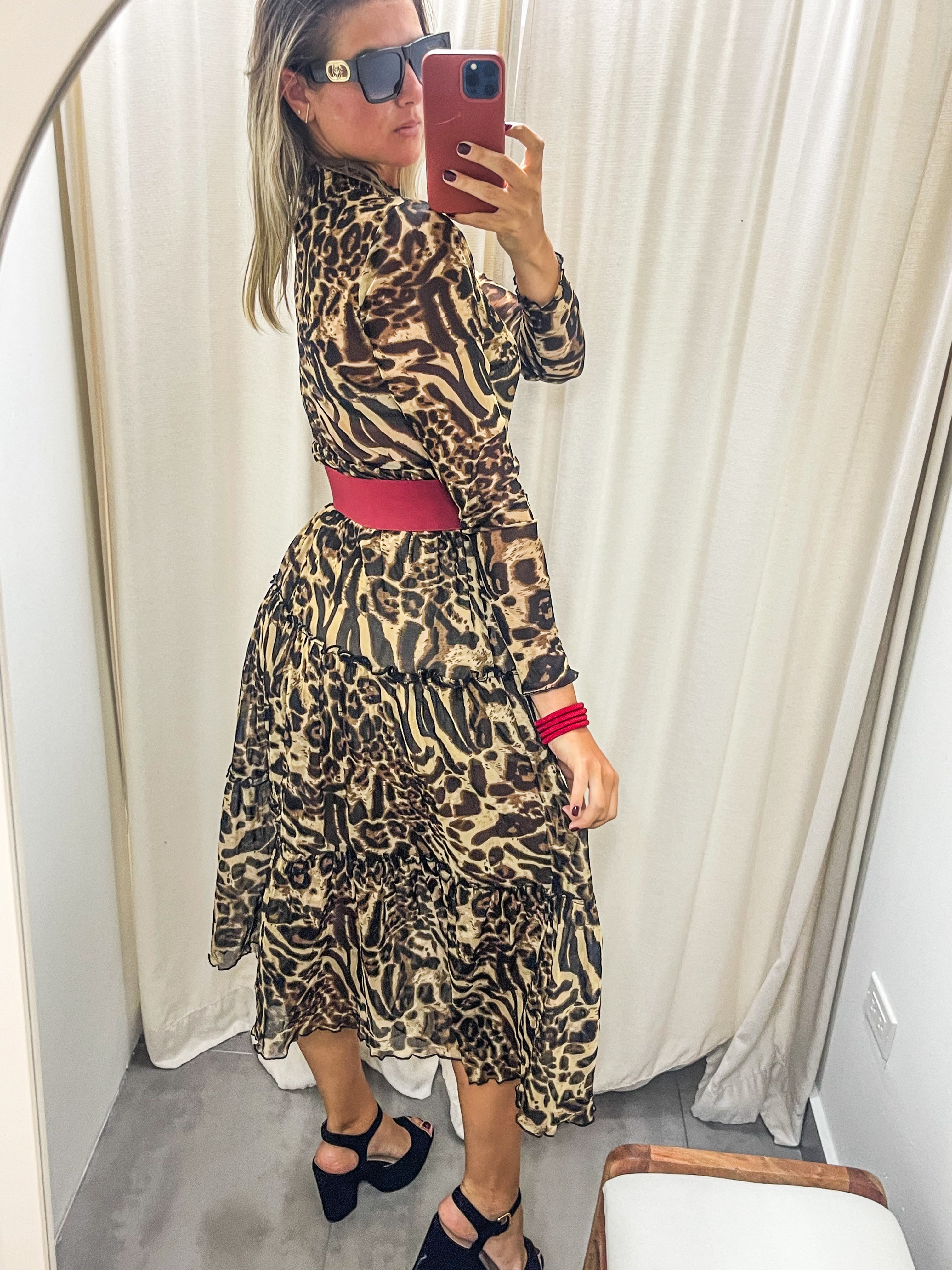 LEOPARD PRINT MESH MIDI DRESS