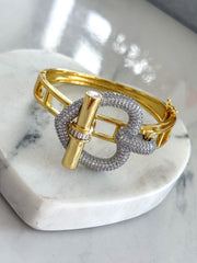 TWO TONE RHINESTONE HEART BANGLE