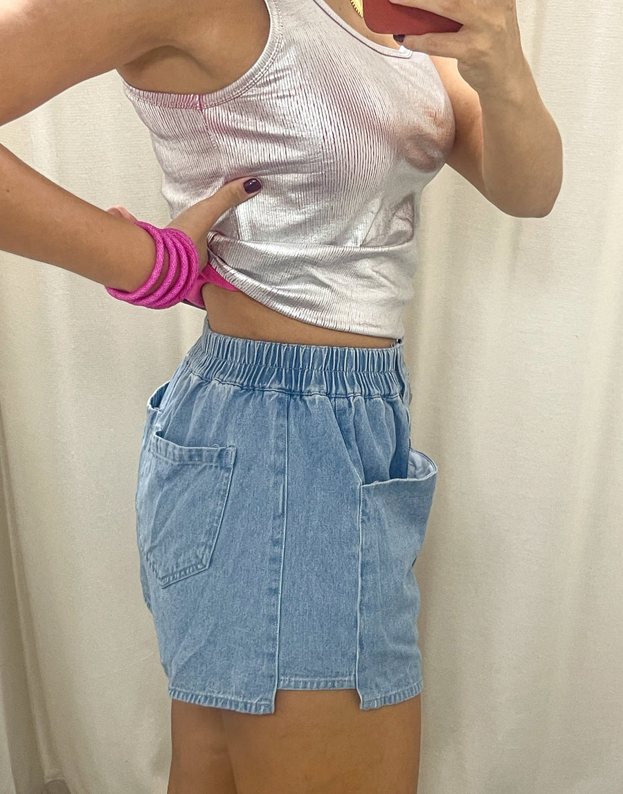 DENIM ELASTIC FRONT BUTTONED SHORTS