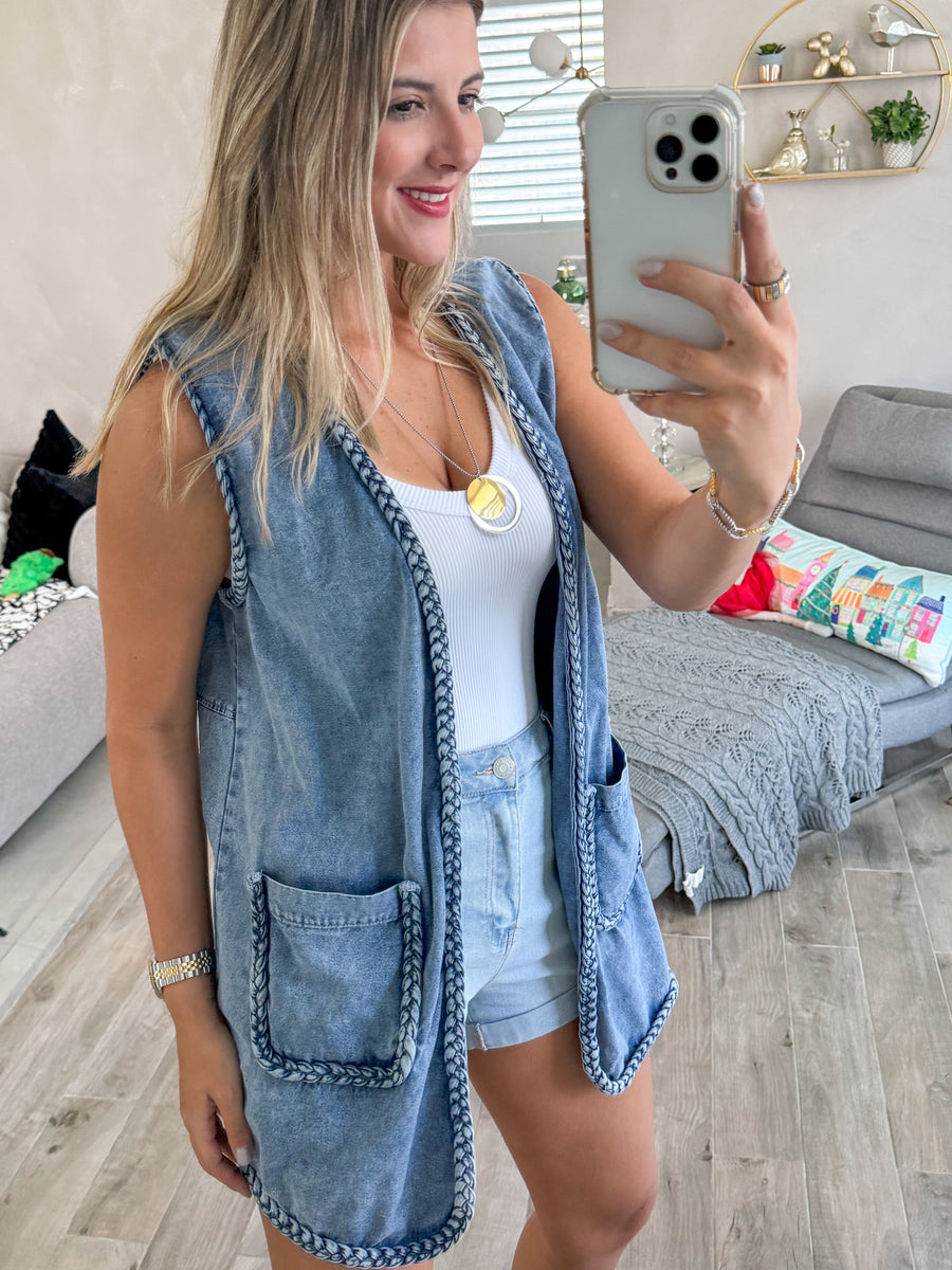 DENIM BRAIDED BORDER LONG OPEN VEST