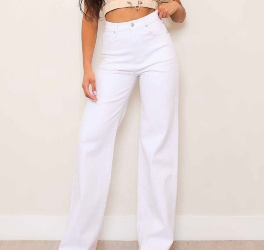 WHITE HIGH-RISE WIDE LEG PANTS