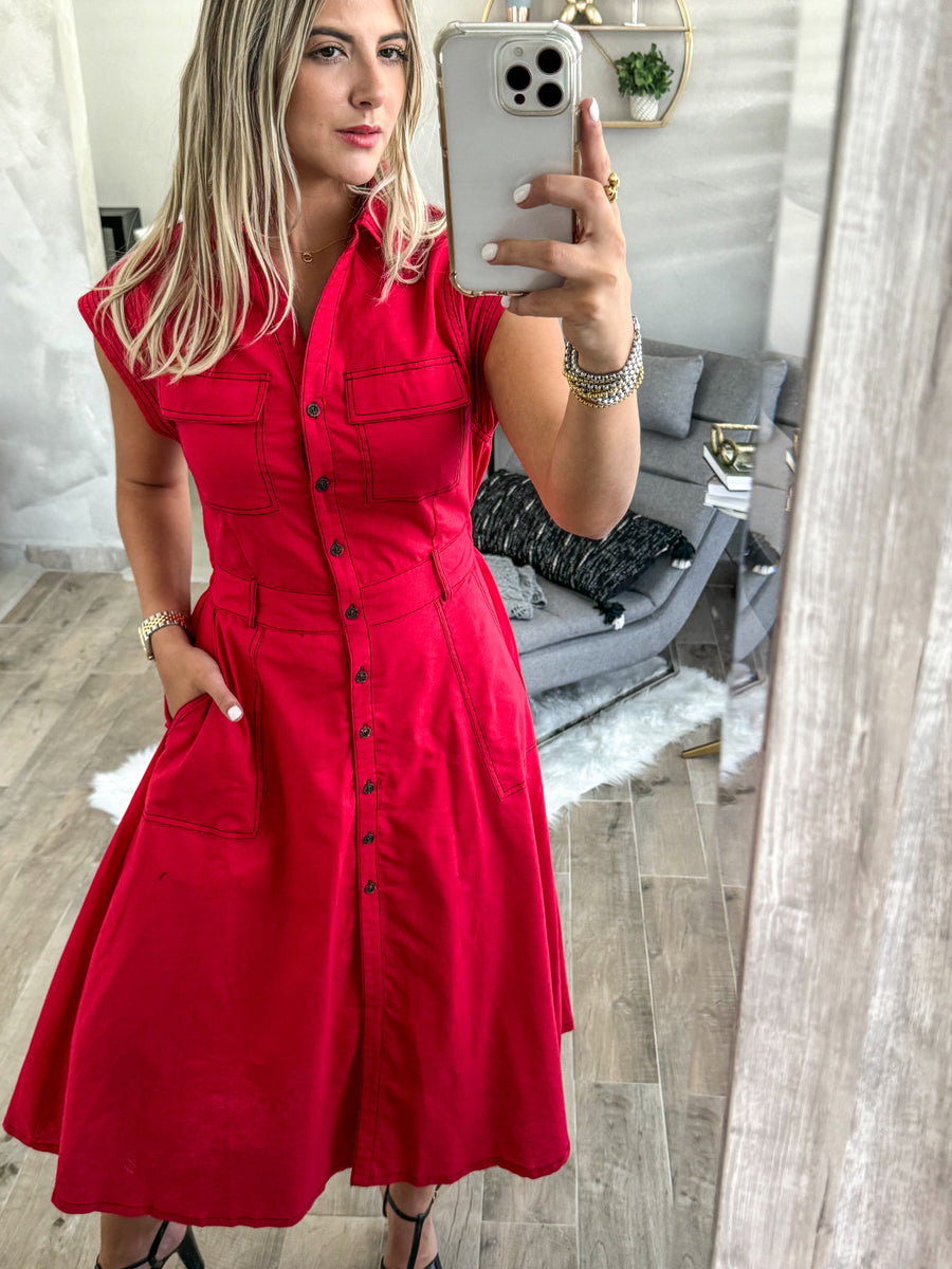 RED STITCH MIDI DRESS