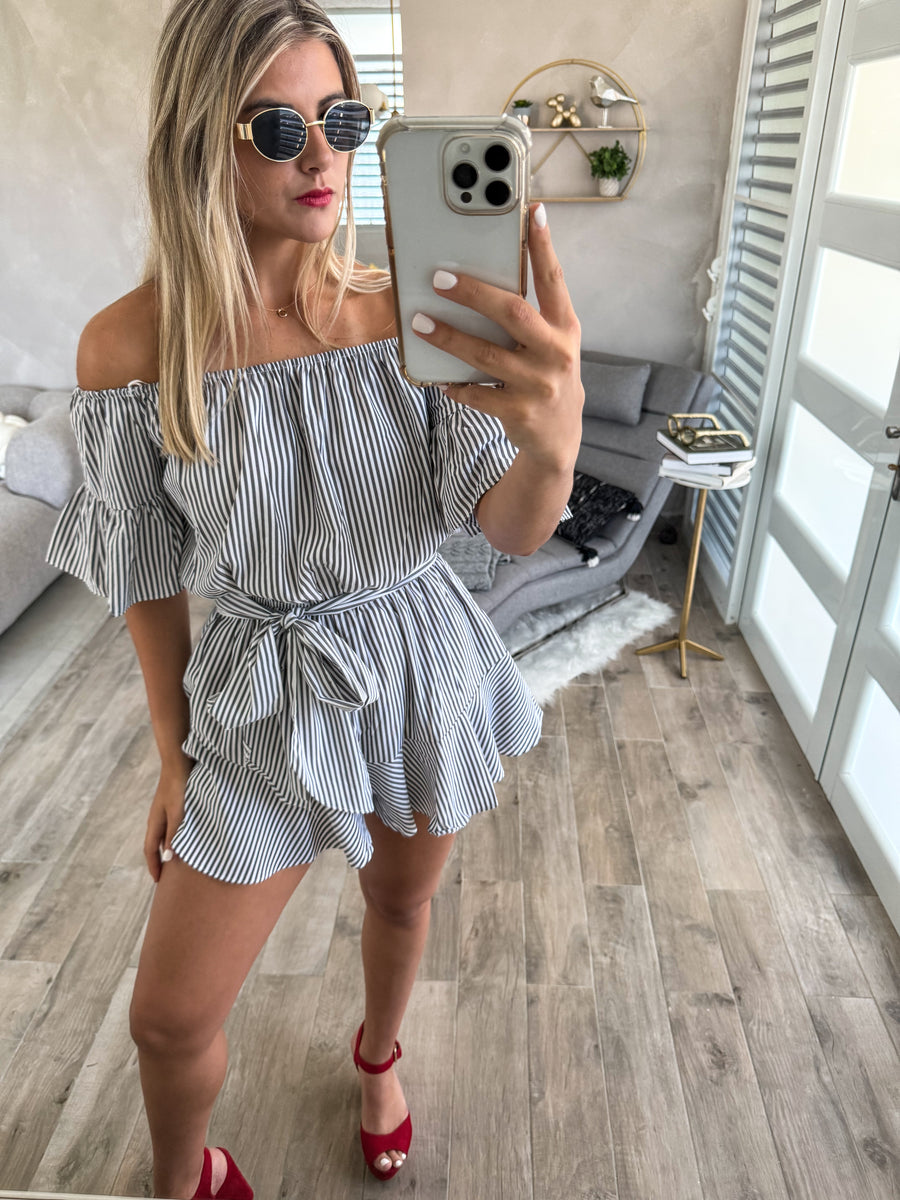 BLACK STRIPED OFF SHOULDER ROMPER