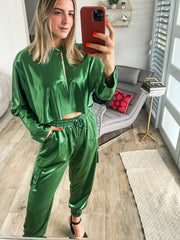 GREEN METALLIC SATIN CROP TOP