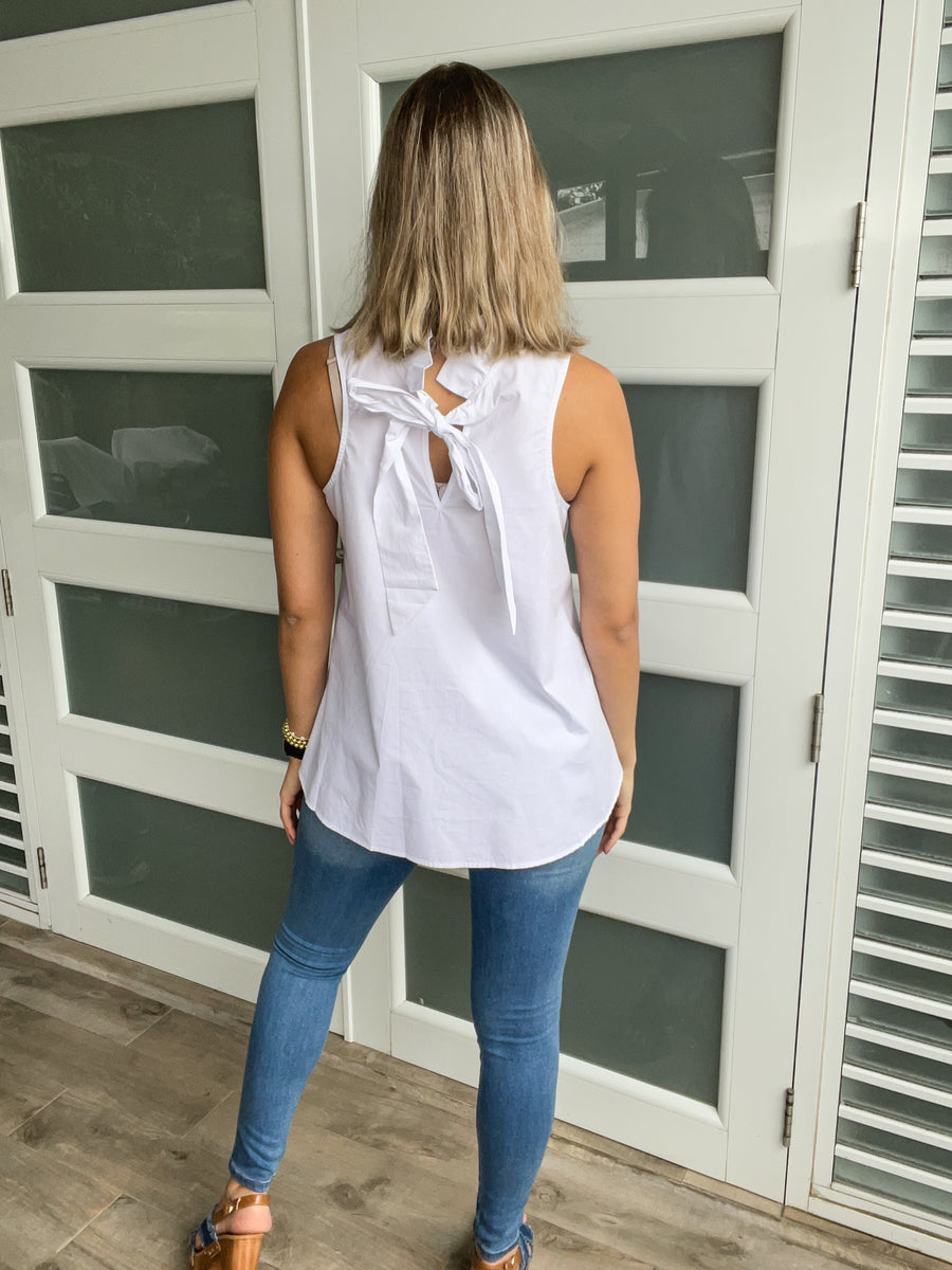 WHITE RUFFLE NECK HIGH LOW BLOUSE