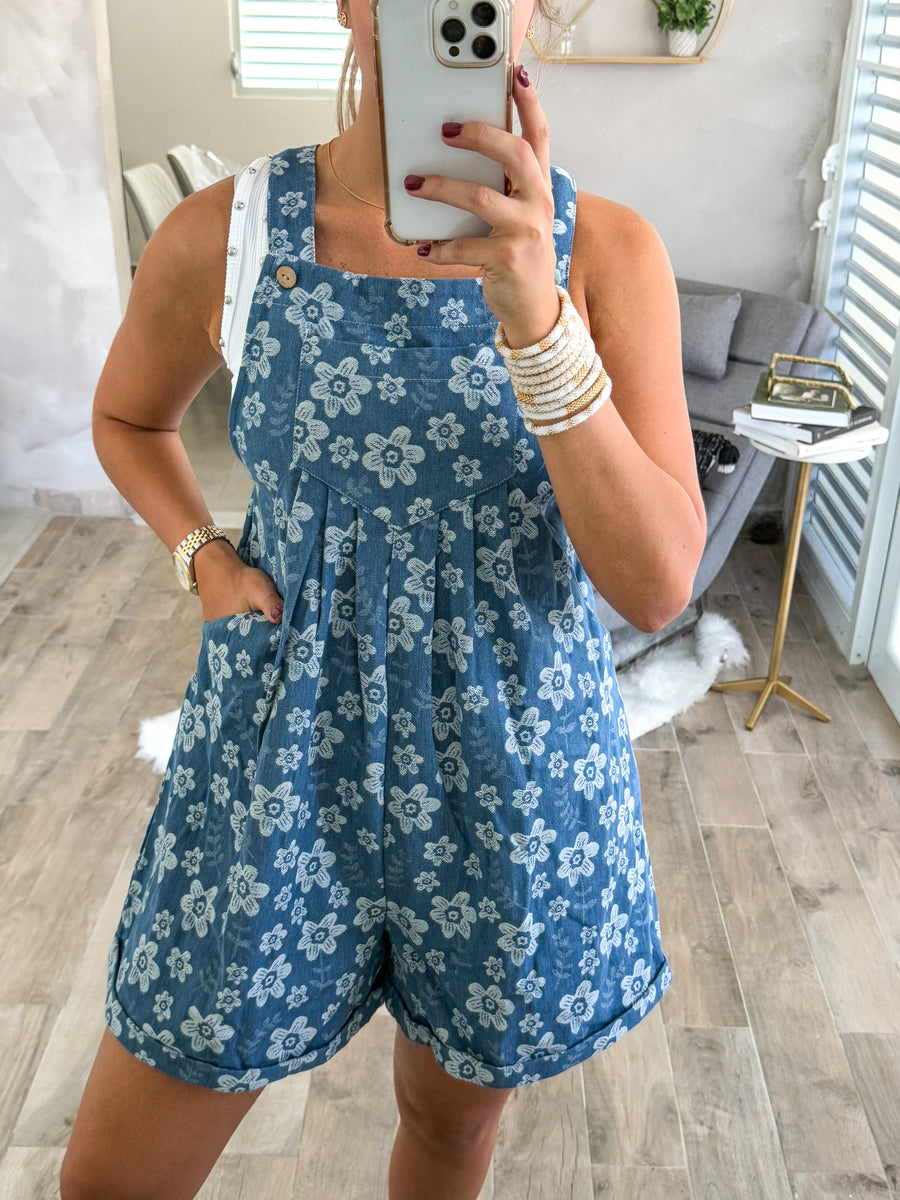 DENIM FLORAL SHORT OVERALL