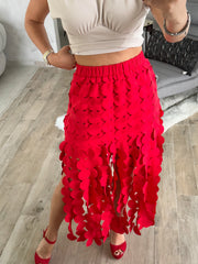 RED FRINGE MIDI SKIRT