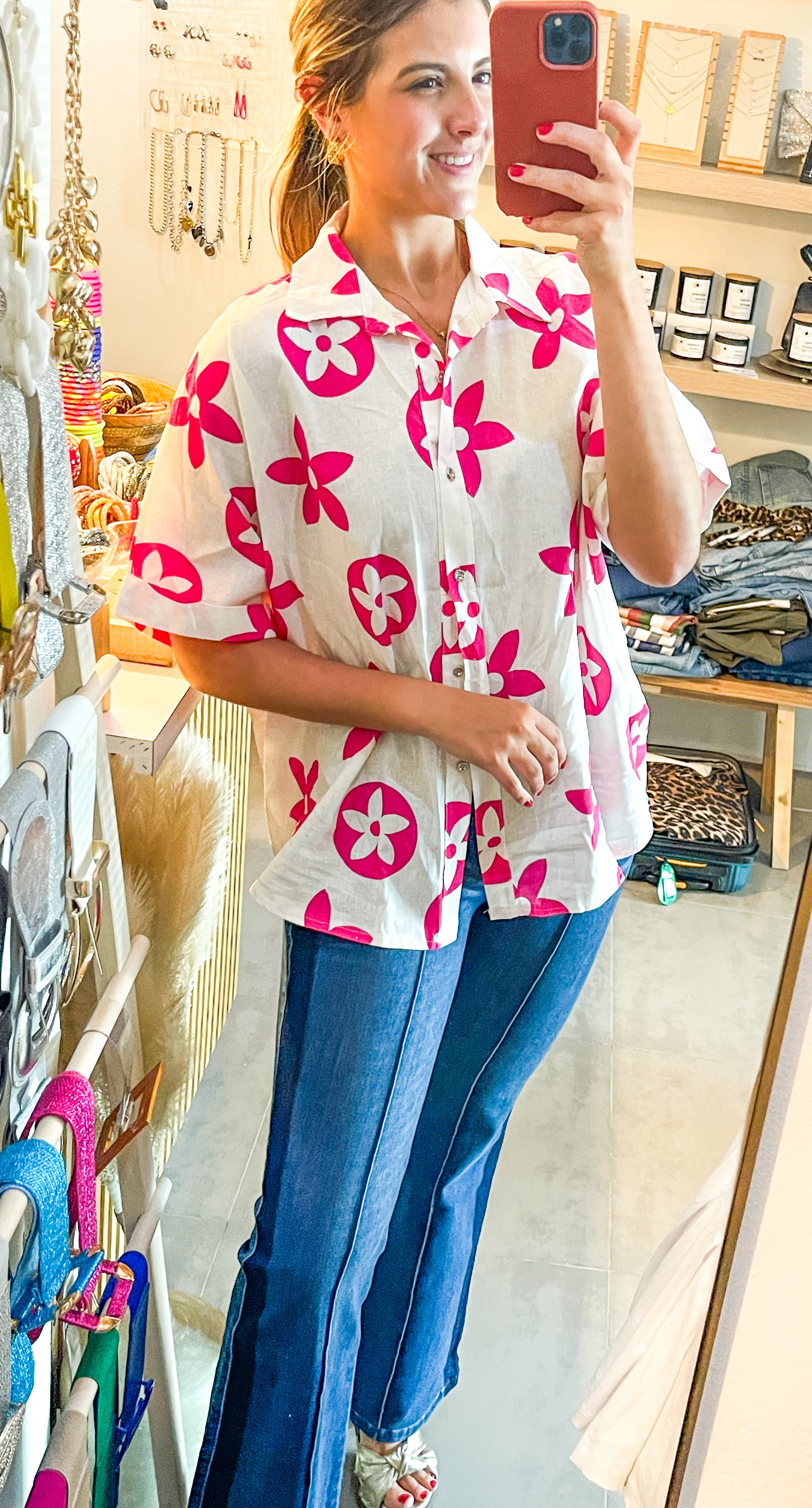 HOT PINK LINEN PRINT FASHION TOP