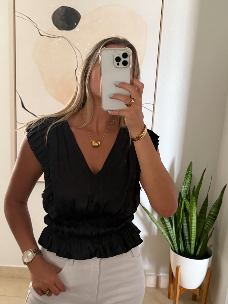 BLACK SATIN PLEATED BLOUSE