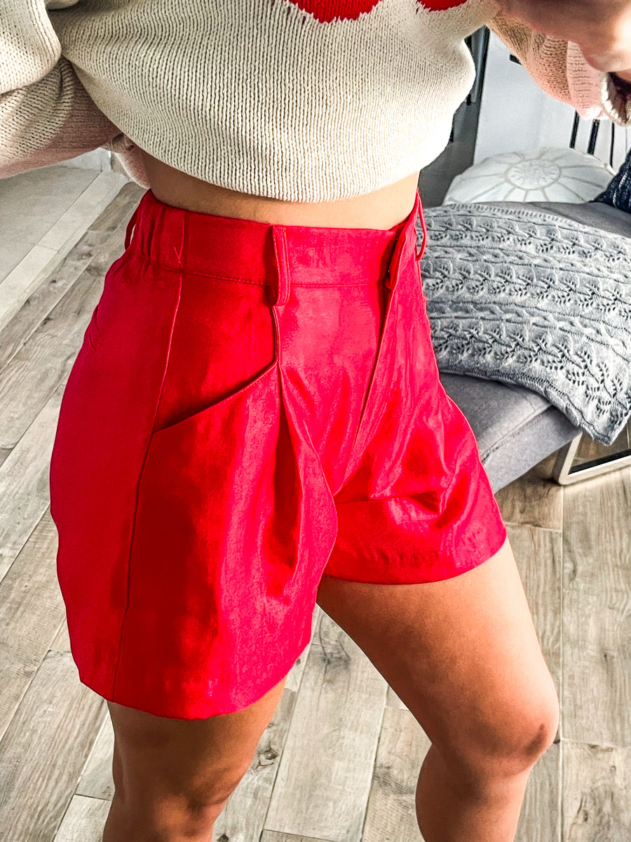 RED SATIN HIGH WAISTED SHORTS