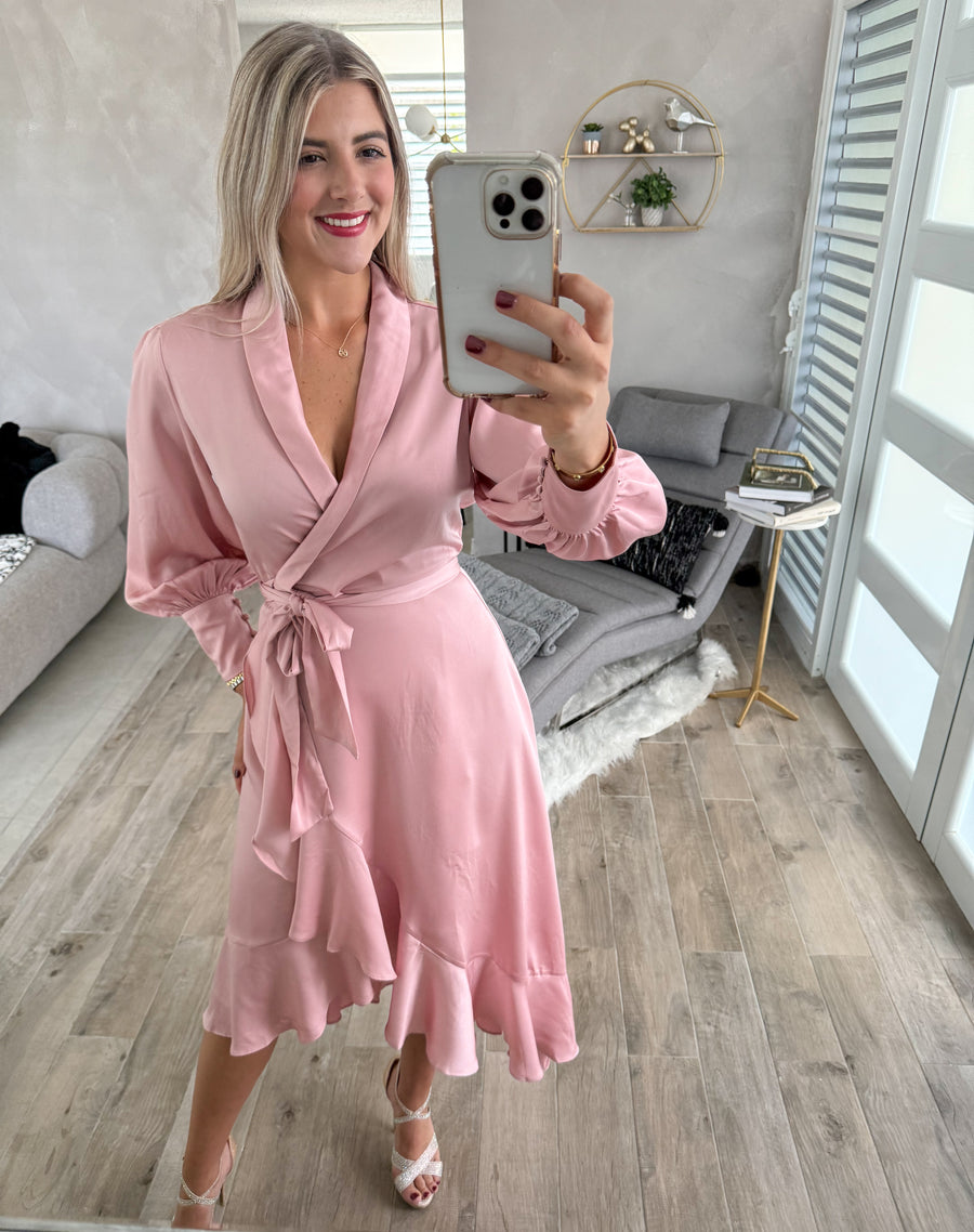 BLUSH SATIN WRAP AROUND DRESS