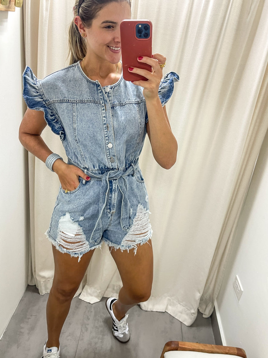 DENIM DISTRESSED ROMPER