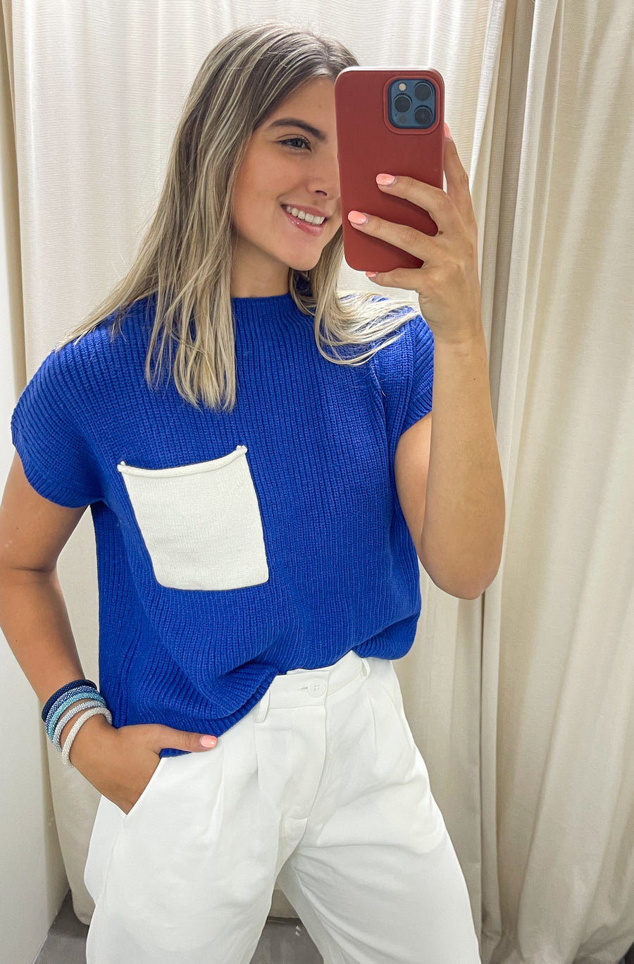 ROYAL BLUE/ WHITE MOCK NECK KNITTED TOP