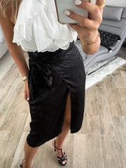 BLACK SATIN METALLIC WRAP AROUND SKIRT