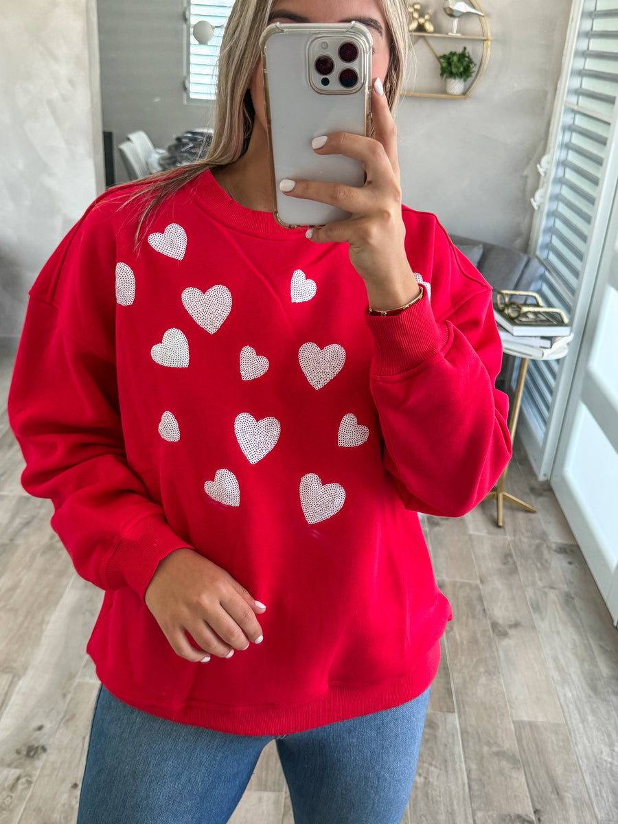 RED WHITE SEQUIN HEART SWEATER