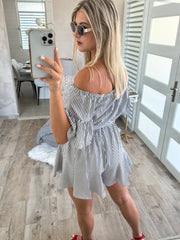 BLACK STRIPED OFF SHOULDER ROMPER