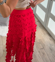 RED FRINGE MIDI SKIRT