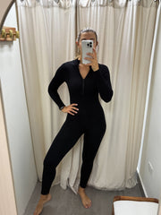 ONE SIZE BLACK RIBBED ZIPPER JUMPSUIT