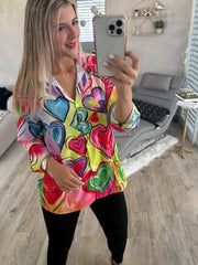 MULTICOLOR HEART PRINT BUTTON SHIRT