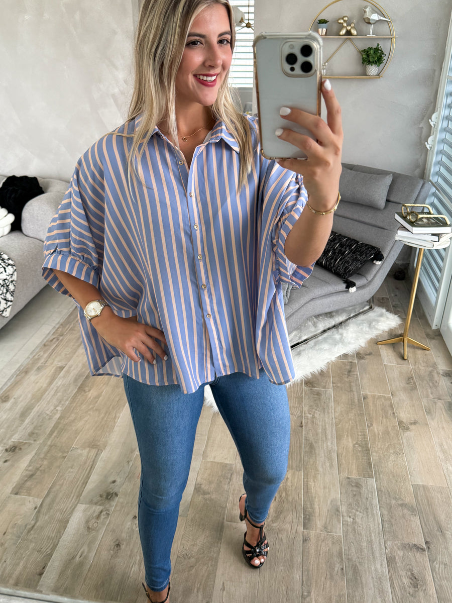 BLUE/BEIGE STRIPED TUNIC BLOUSE