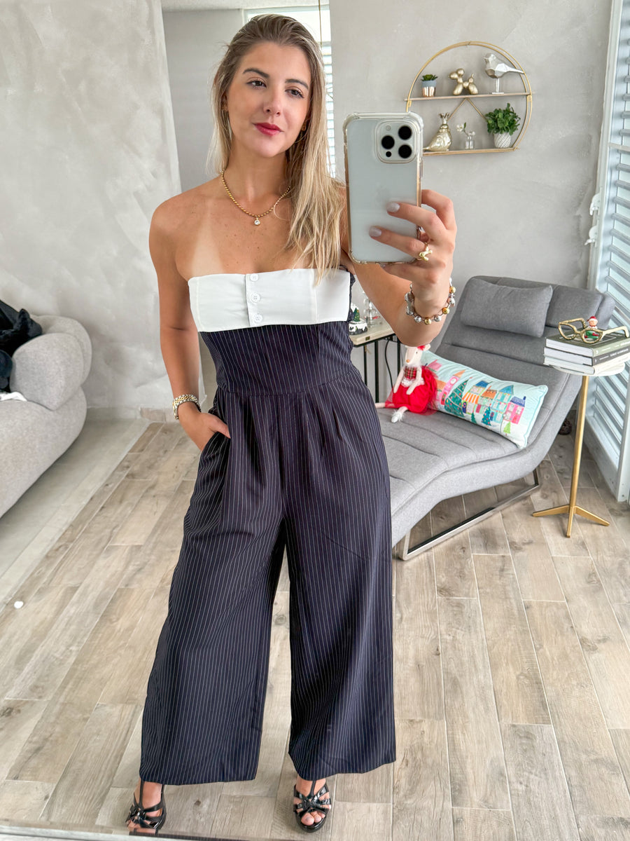 NAVY STRIPED STRAPLESS JUMPSUIT