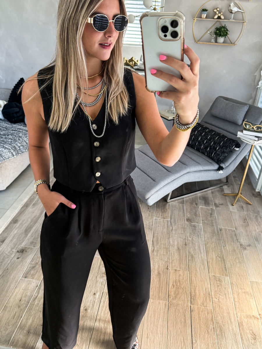 BLACK VEST TOP & HIGH WAISTED PANTS