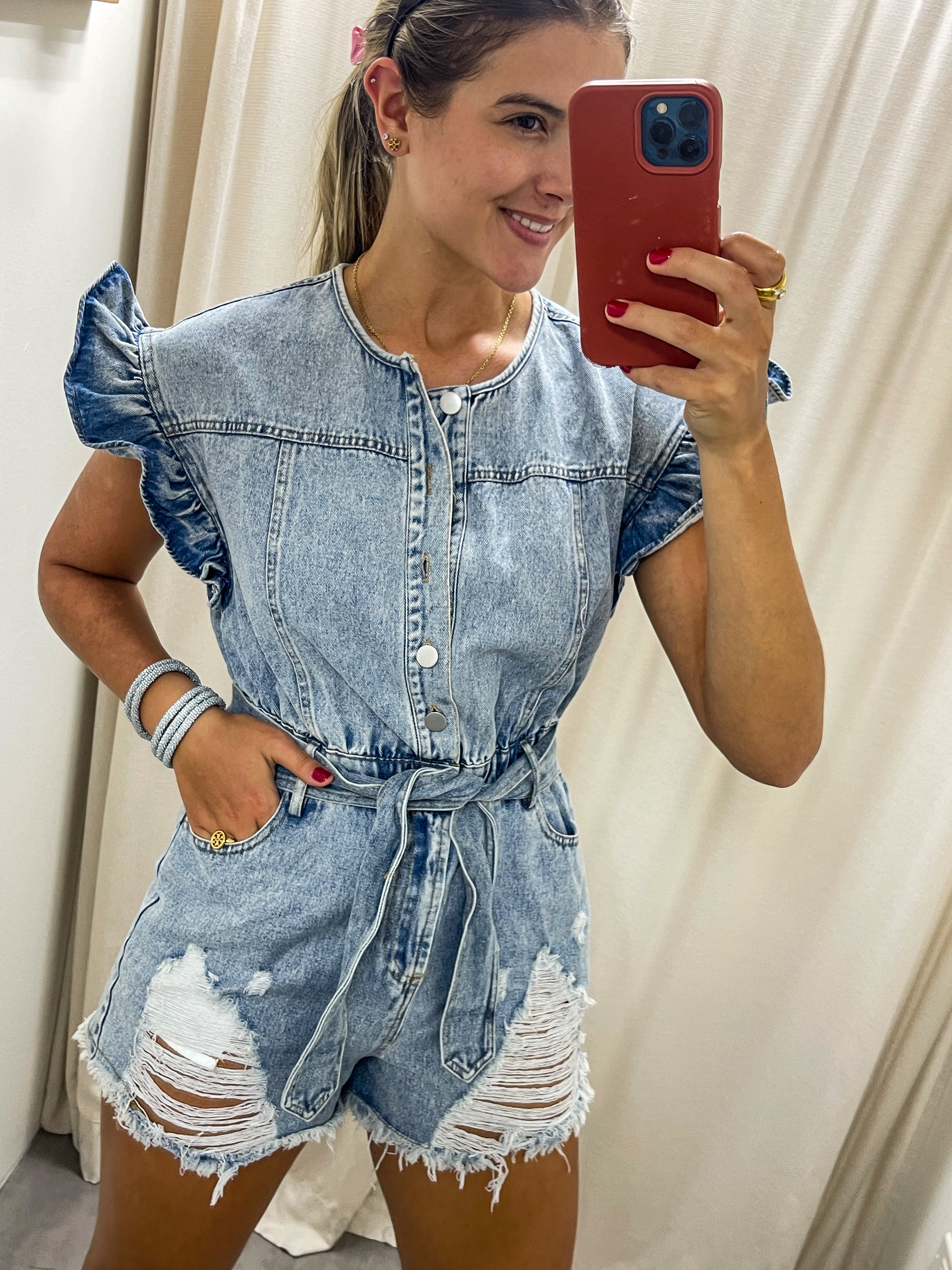 DENIM DISTRESSED ROMPER