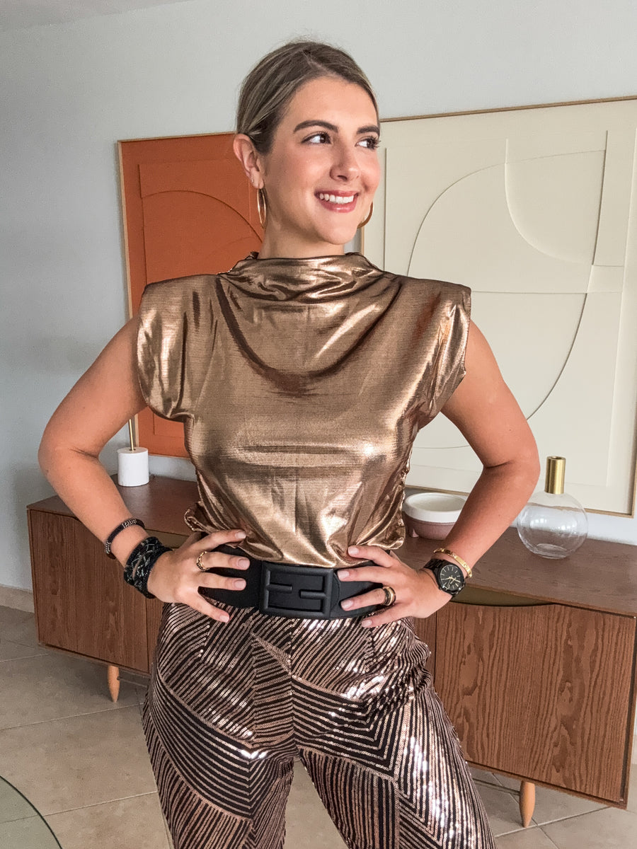 BRONZE METALLIC SHOULDER PADDED BLOUSE