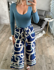 BLUE PRINTED SATIN PANTS