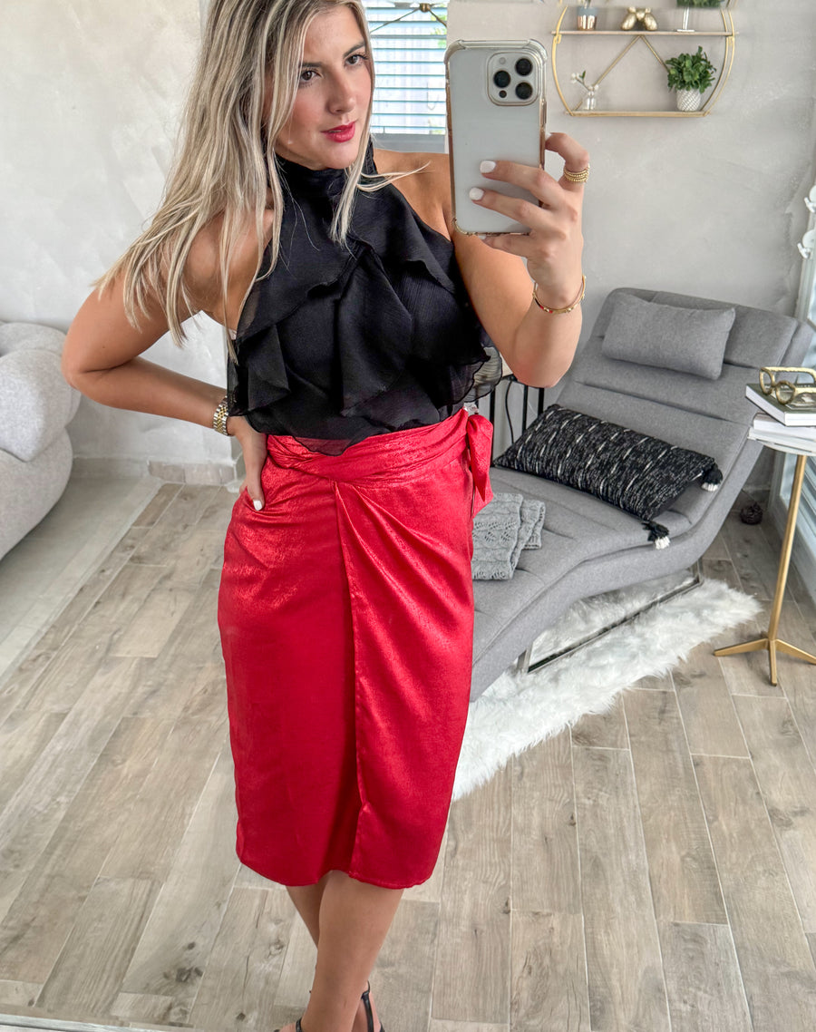 RED SATIN METALLIC WRAP AROUND SKIRT