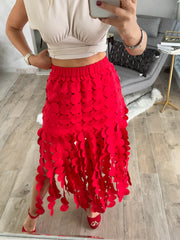 RED FRINGE MIDI SKIRT