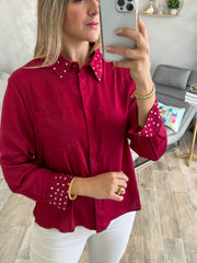 BURGUNDY SATIN RHINESTONES BUTTONED BLOUSE