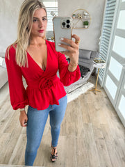 RED ROSETTE V-NECK BLOUSE