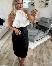 BLACK SATIN METALLIC WRAP AROUND SKIRT