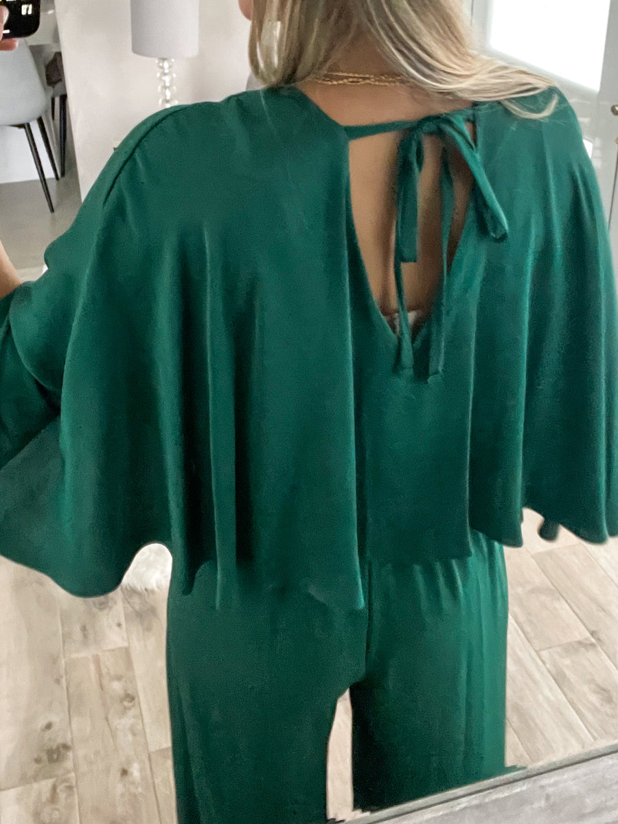 DARK GREEN SILKY CAPE JUMPSUIT