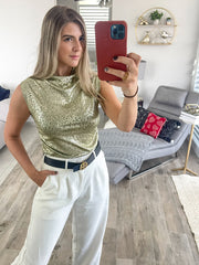 OLIVE/GOLD METALLIC LEOPARD MOCK NECK TOP