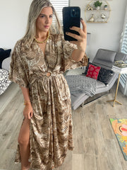 BROWN/BEIGE PRINT KIMONO SLEEVES MAXI DRESS