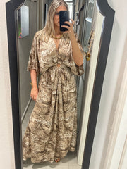 BROWN/BEIGE PRINT KIMONO SLEEVES MAXI DRESS