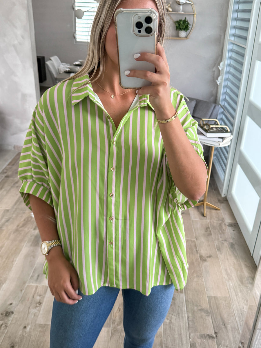 GREEN/PINK STRIPED TUNIC BLOUSE