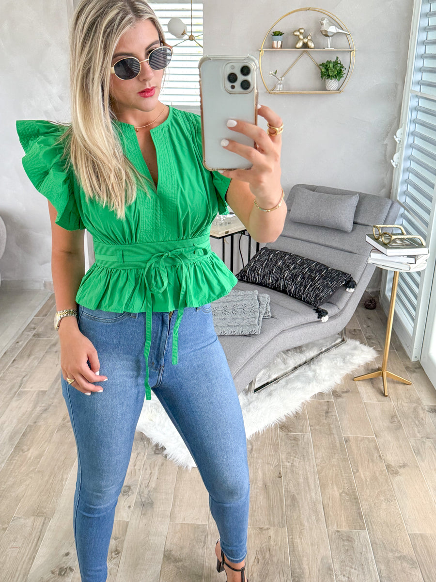 KELLY GREEN RUFFLE SLEEVES BLOUSE