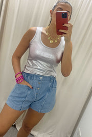 DENIM ELASTIC FRONT BUTTONED SHORTS