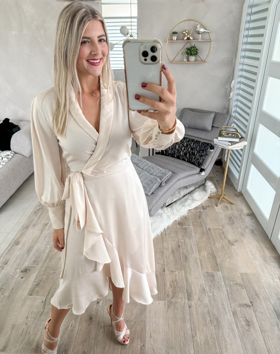 CREAM SATIN WRAP AROUND DRESS