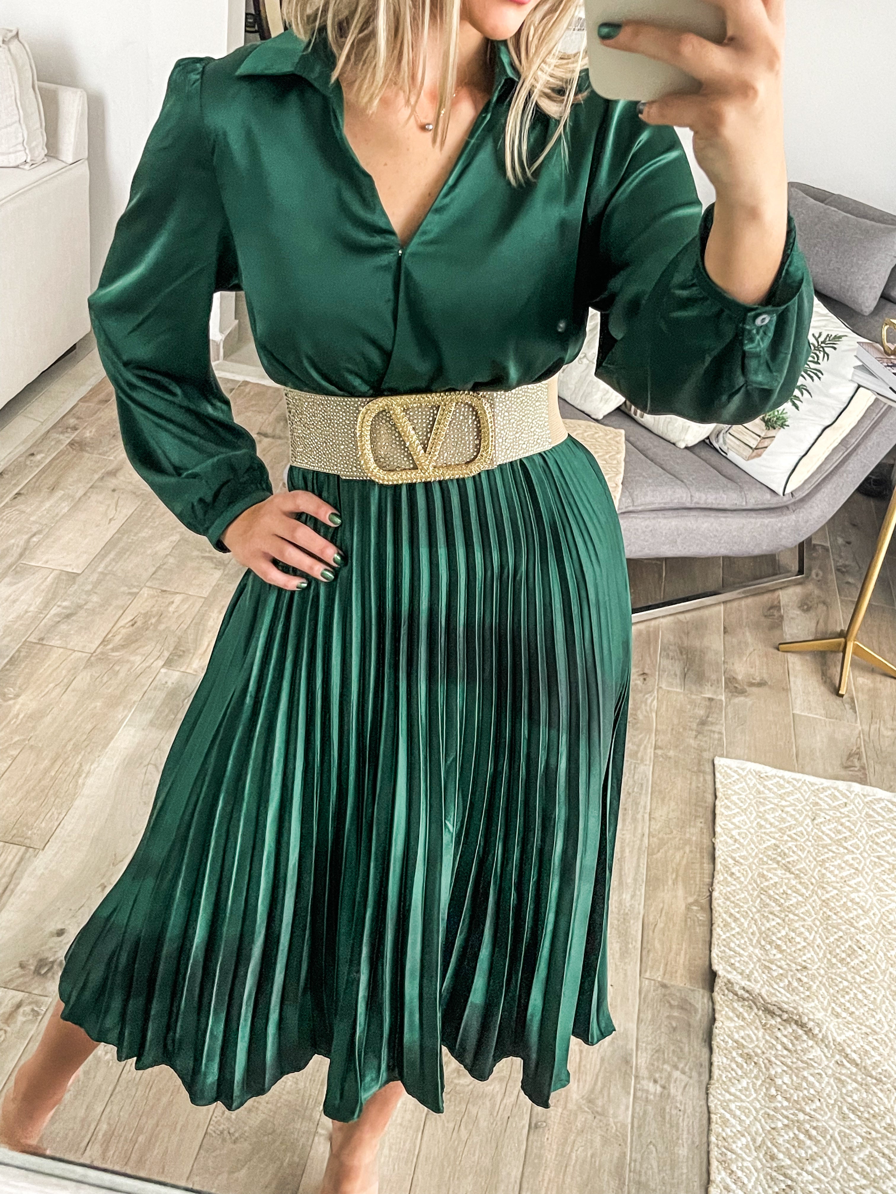 Satin pleated midi dress online